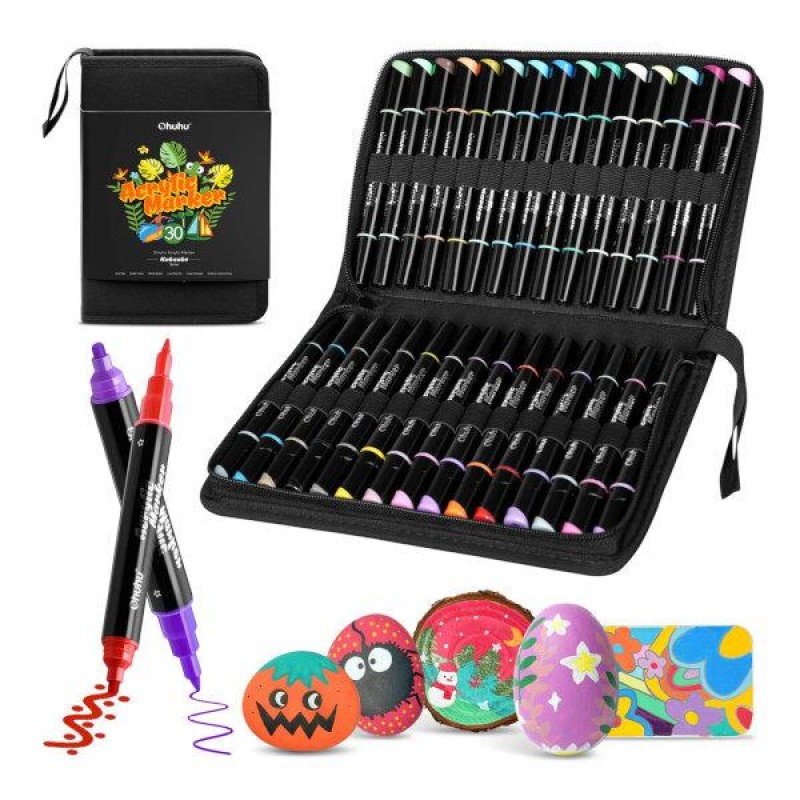 Ohuhu Acrylic Markers Σετ 30 Ανεξίτηλων Ακρυλικών Μαρκαδόρων Διπλής Μύτης