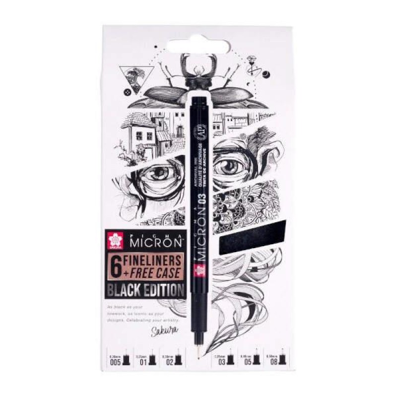 Σετ 6 Fineliners Pigma Micron Black Edition Με Τσόχινη Κασετίνα