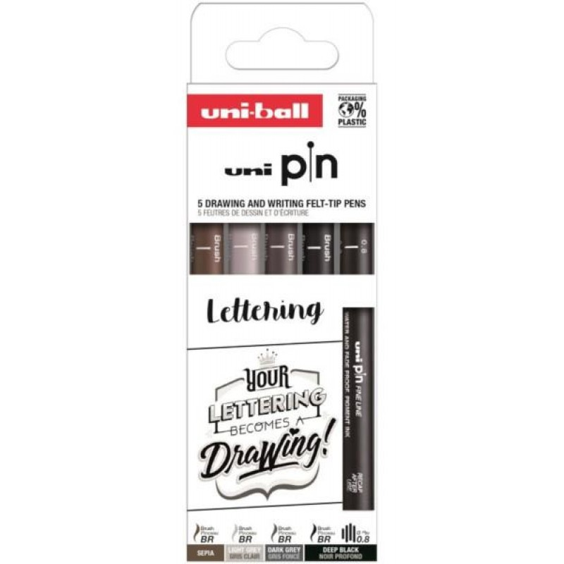 Uni Pin Σετ Lettering Brush 5 Μαρκαδόροι Καλλιγραφίας